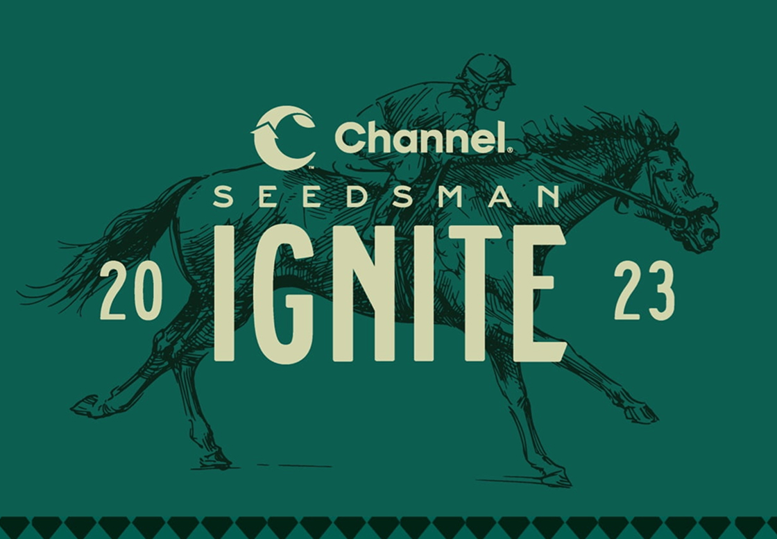 A sketch of a jockey riding a horse with central text that reads: "Channel Seedsman Ignite 2023"