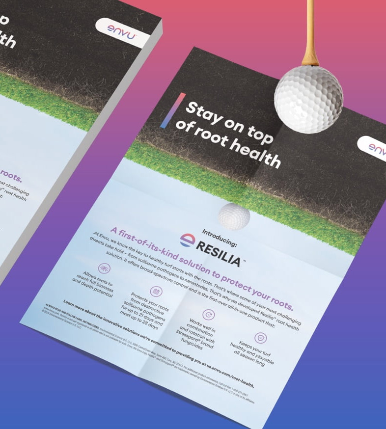 A flyer that read "Stay on top of root Health" and "Introducing Resilia. A first-of-its-kind solution to protect your roots." A golf ball is located in the top right corner over a pink and purple gradient background.