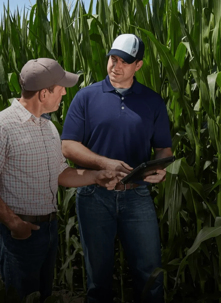 Two men from Channel in a field with large crop reviewing data on a tablet.