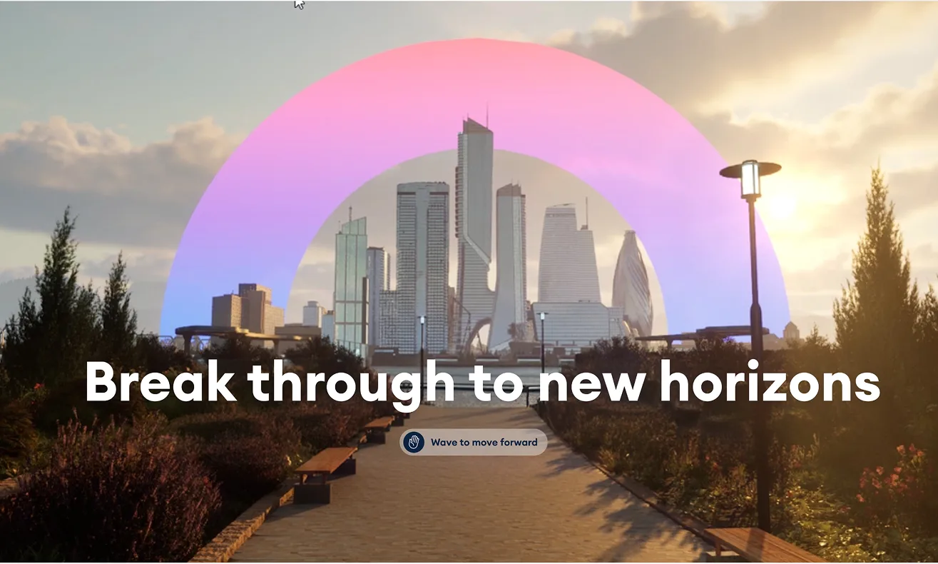 A cityscape with a purple and pink gradient shape surrounding it. Text that reads "break through to new horizons" and a prompt that instructs you to "Wave to move forward."