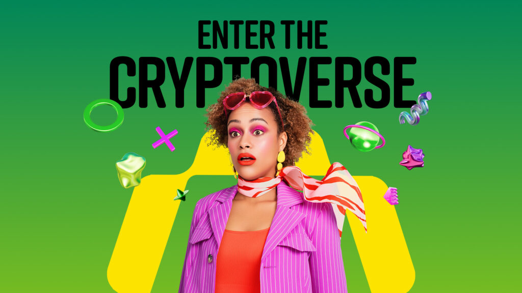 A women wearing bright colors and makeup with text in the background that reads: Enter the Cryptoverse.
