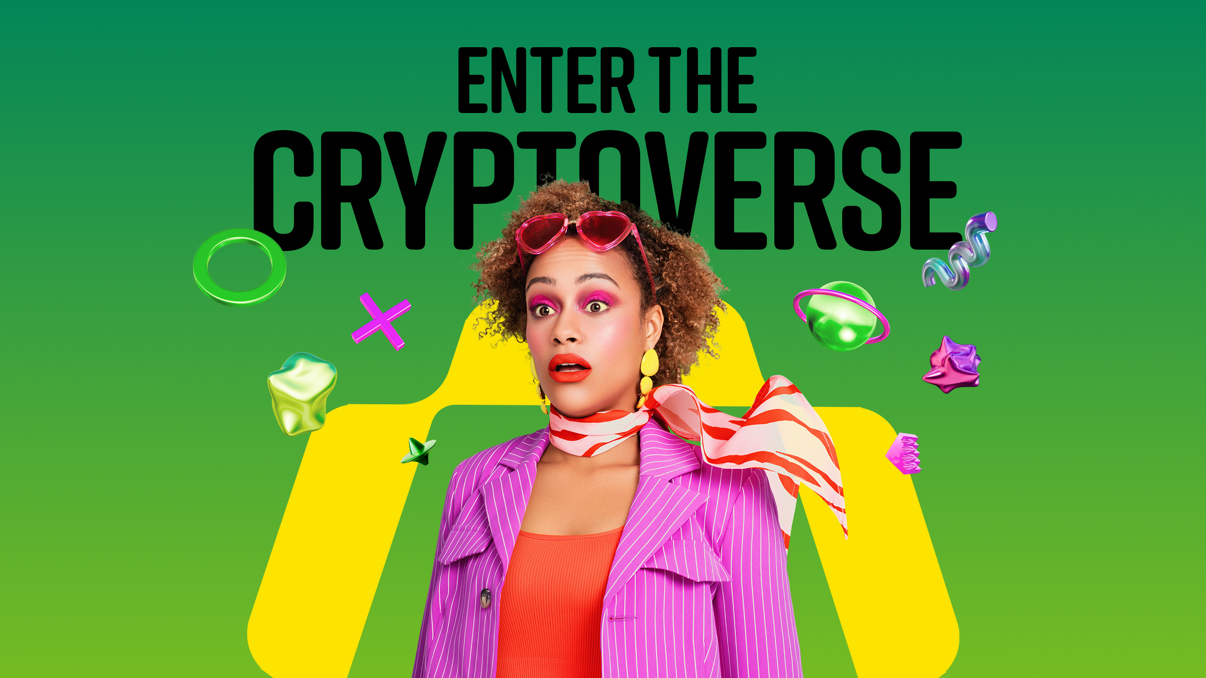 A women wearing bright colors and makeup with text in the background that reads: Enter the Cryptoverse.