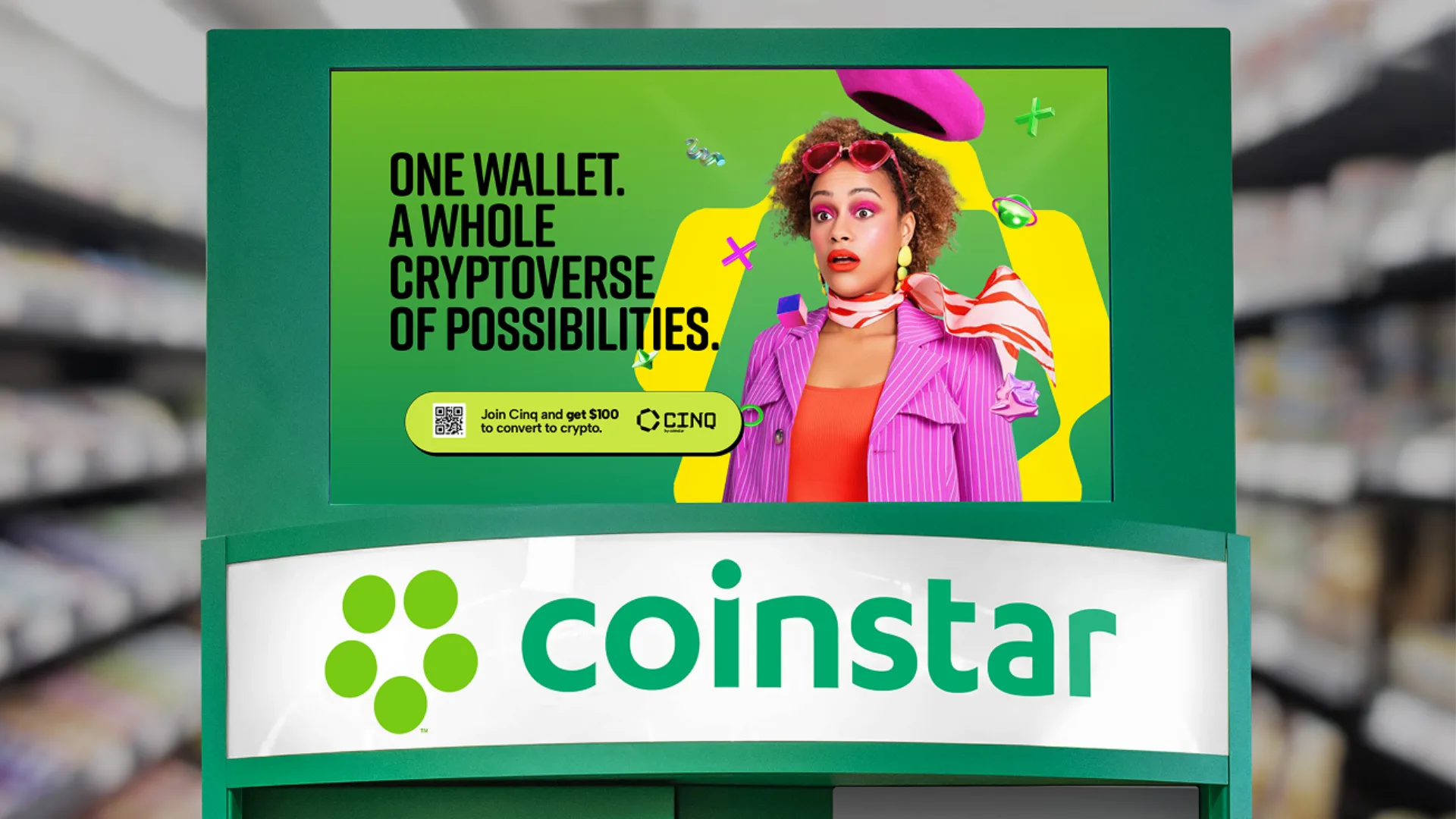A mockup of a sign at a store with the coinstar branding that reads "One Wallet. A Whole Cryptoverse of Possibilities.".