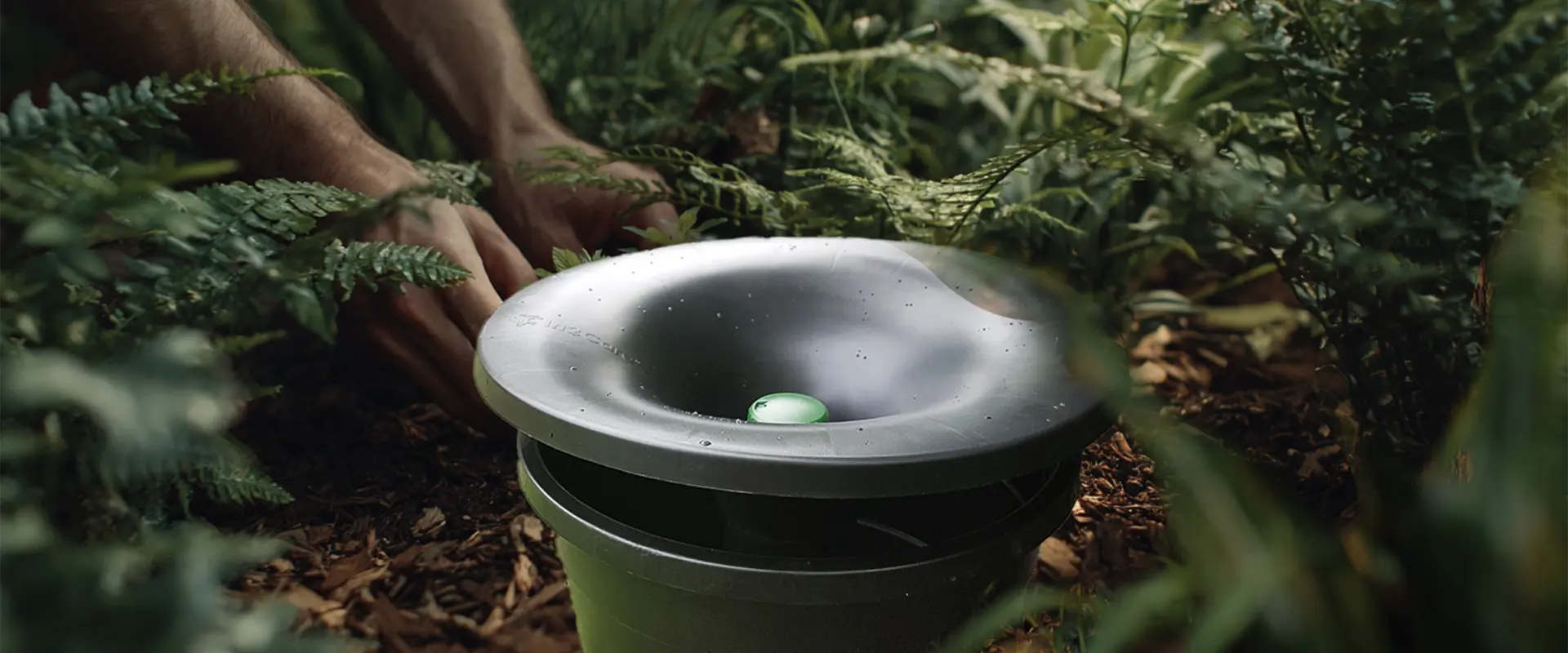 A wide shot of the Envu In2Care mosquito station product in the ground with surrounding greenery.